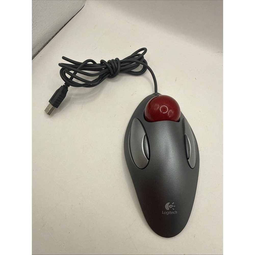 Logitech Trackman Marble Wired USB Trackball Mouse Gray Red Ball Tested